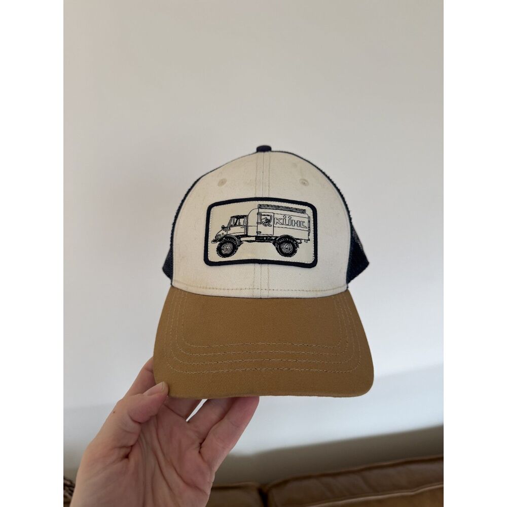 KUHL trucker hat multi color outdoor logo print cap white brown black
